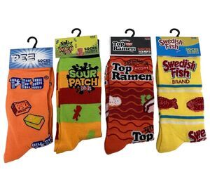 Novelty Funny Crew Socks: Pez, Sour Patch Kids Top Ramen Swedish Fish Brand